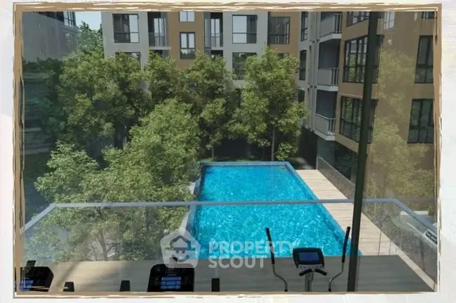 Luxurious apartment complex with stunning pool view and modern gym facilities.