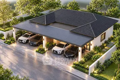 Modern single-story house with spacious carport and lush garden