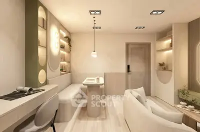 Modern living room with elegant decor and cozy seating area, featuring stylish lighting and a sleek design.