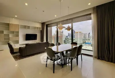 Spacious modern living room with city view and elegant dining area in luxury apartment.