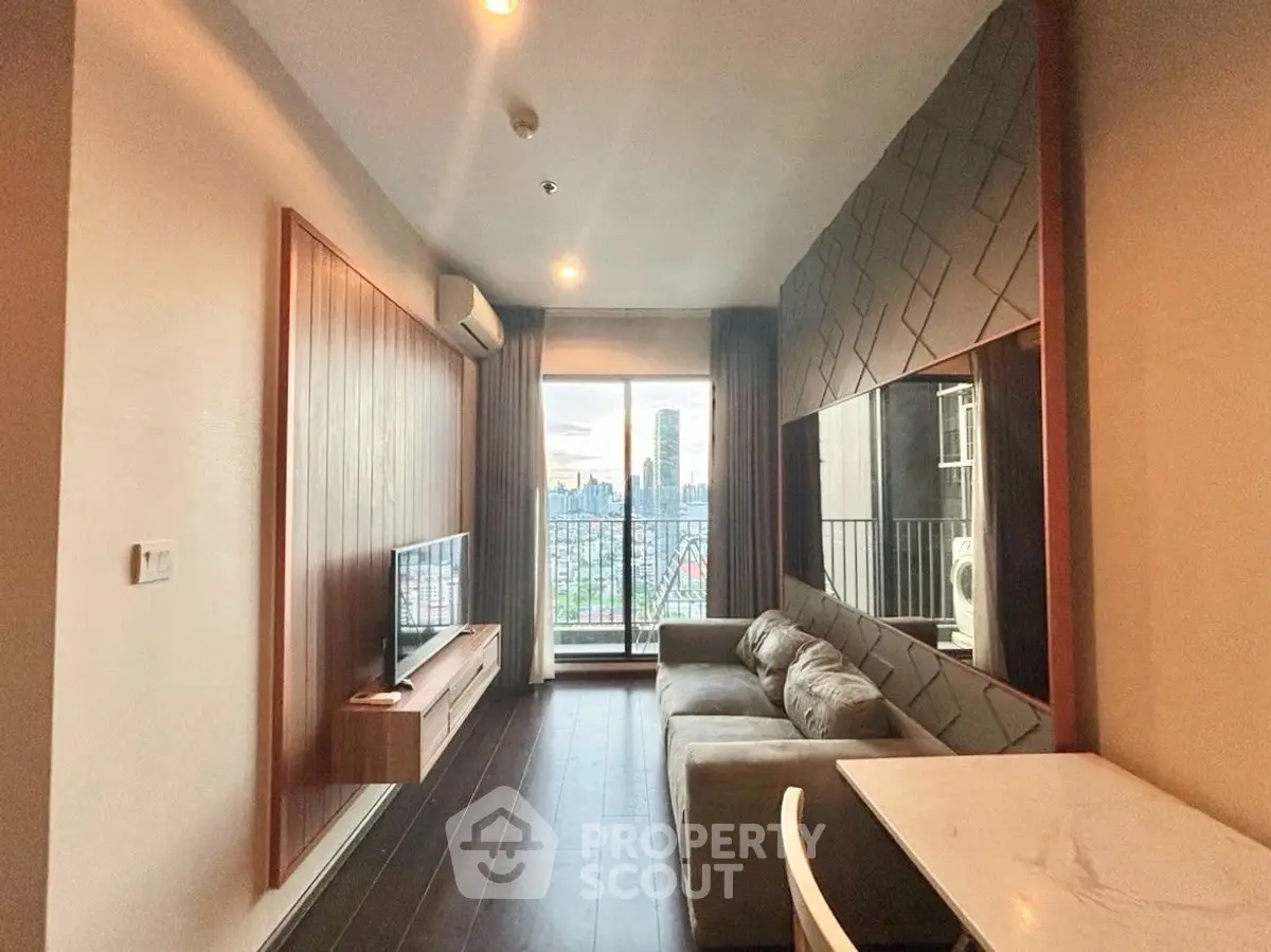 Modern living room with city view and stylish decor