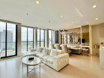 Luxurious living room with panoramic city views and elegant modern decor