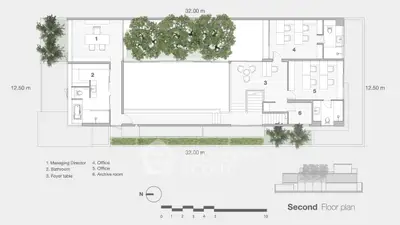 Modern second floor office layout with detailed room labels and greenery.