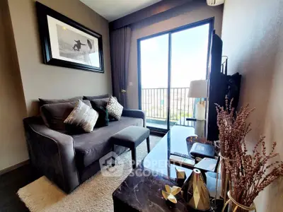 Stylish living room with modern decor and balcony view