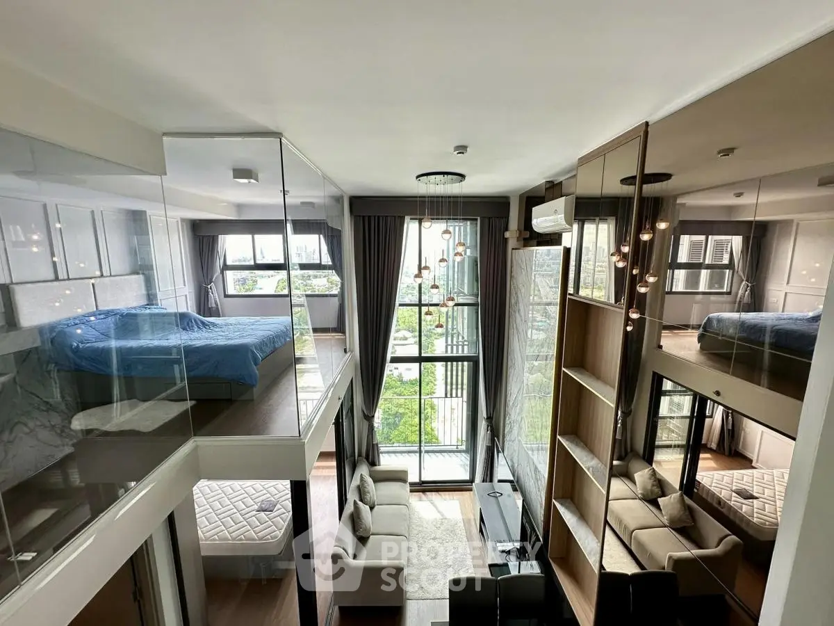 Luxurious modern loft with high ceilings and large windows offering stunning city views.