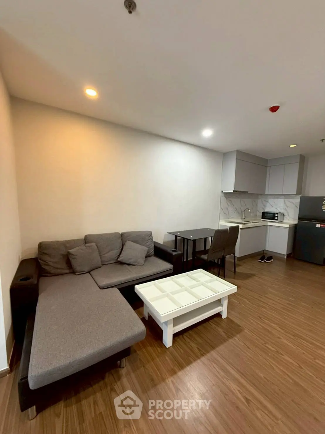Modern living room with cozy sofa and open kitchen layout in stylish apartment.