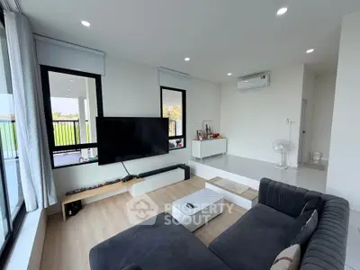 Modern living room with sleek design, large windows, and stylish furniture in a bright, airy space.