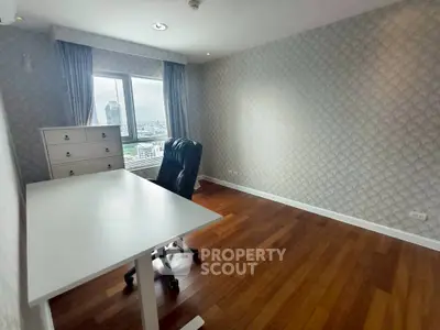 Spacious study room with city view and elegant wooden flooring