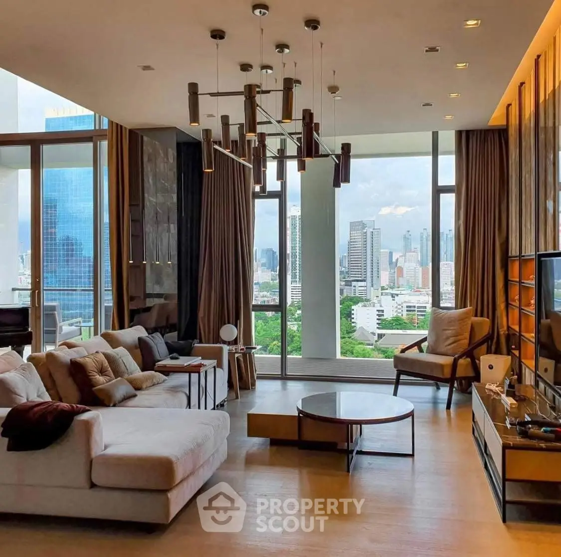 Luxurious living room with stunning city view and modern decor