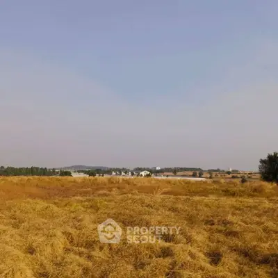 Expansive plot of land with distant view of buildings under clear sky