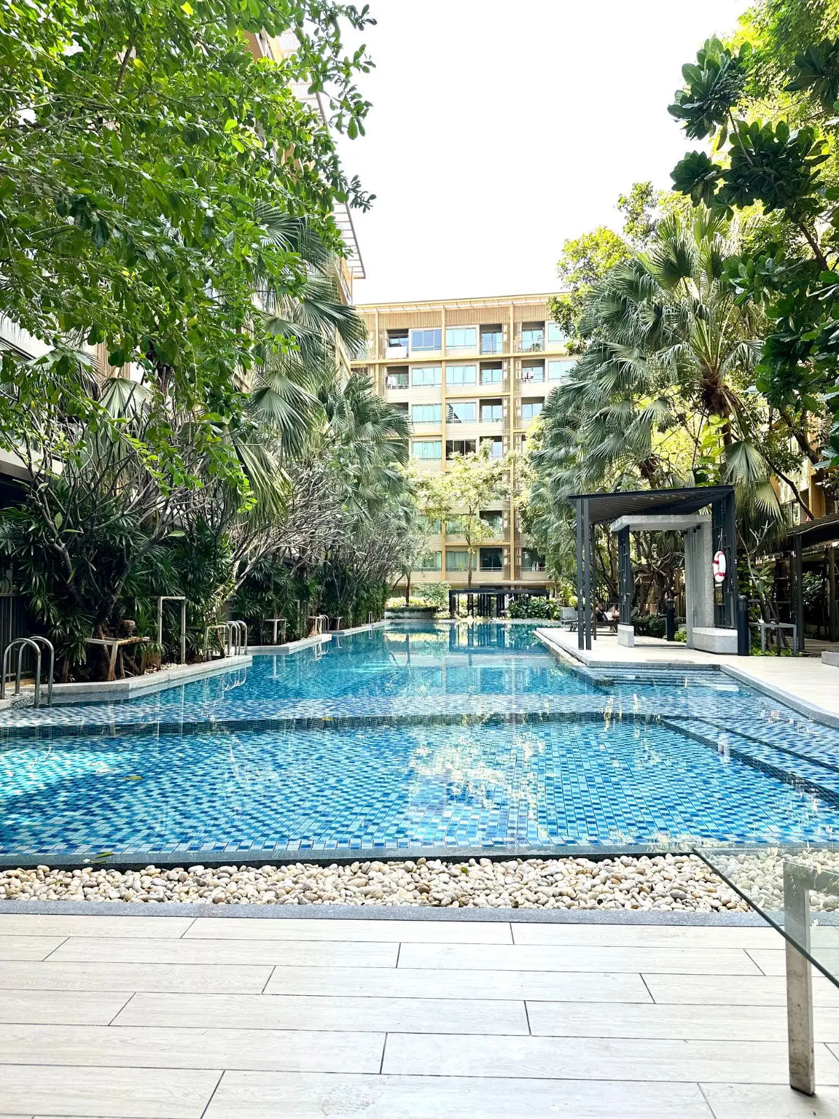 Luxurious residential pool surrounded by lush greenery and modern architecture.