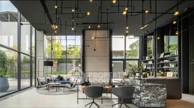 Luxurious modern living room with floor-to-ceiling windows and stylish lighting