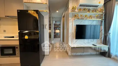 Modern apartment interior with sleek kitchen and stylish living area