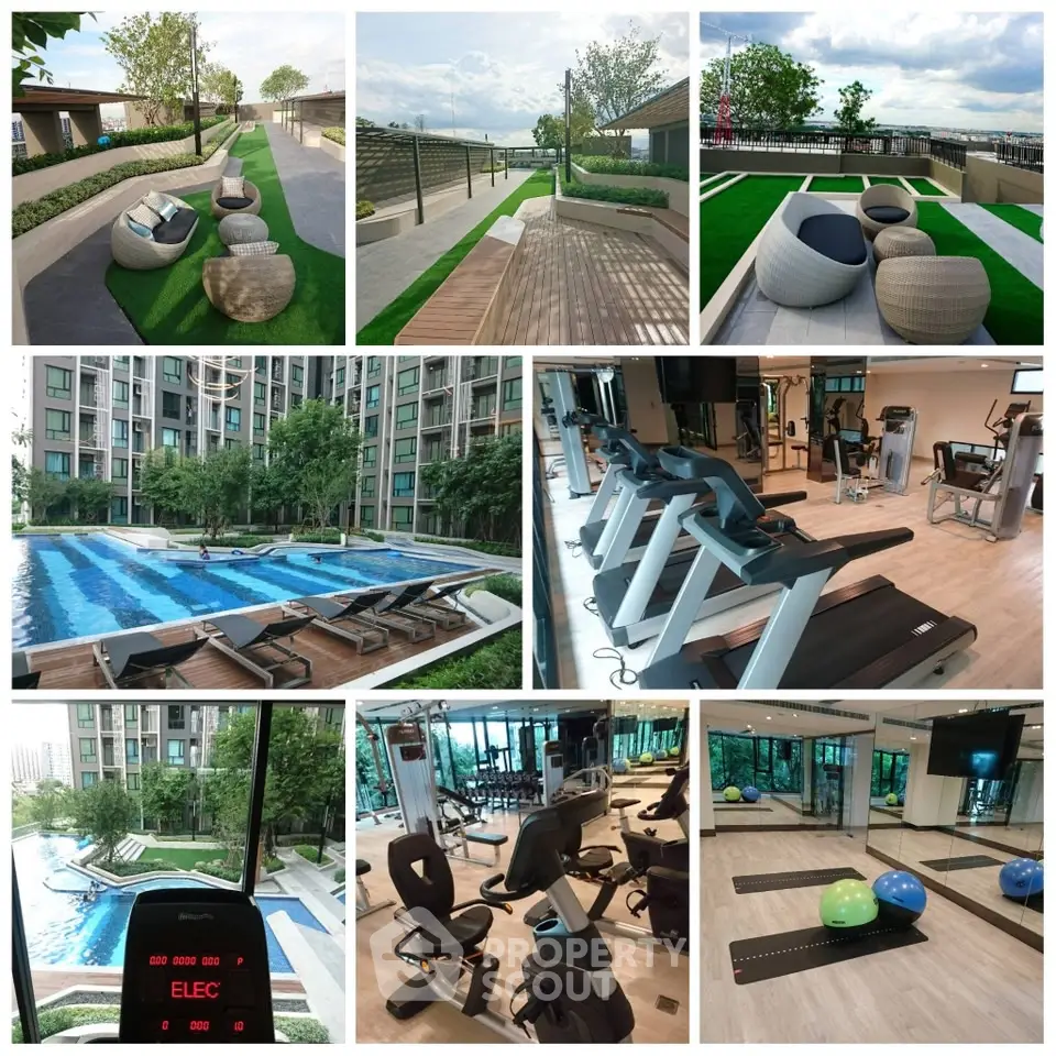 Luxurious condo amenities with pool, gym, and rooftop garden offering stunning views and modern fitness equipment.