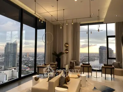 Luxurious high-rise living room with stunning city skyline view and modern decor