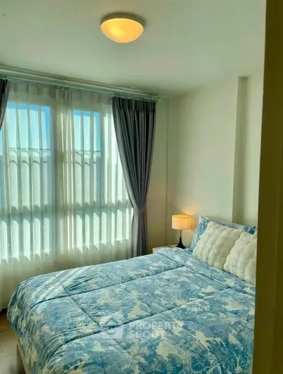 Cozy bedroom with large windows and elegant blue bedding, perfect for relaxation and comfort.