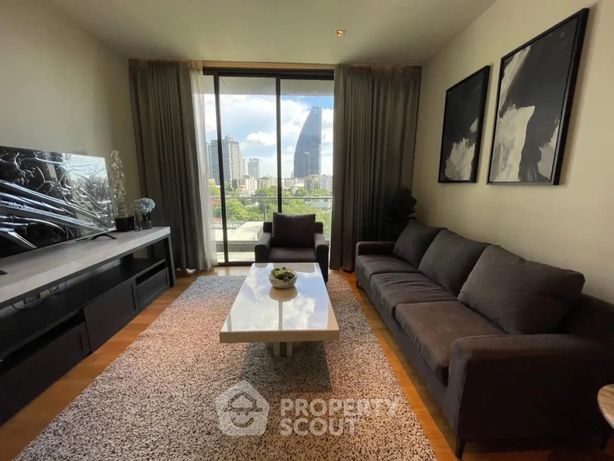 Modern living room with city view and stylish decor