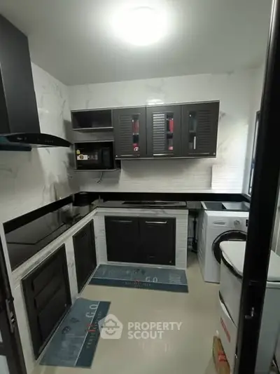 Modern kitchen with sleek black cabinets and built-in appliances