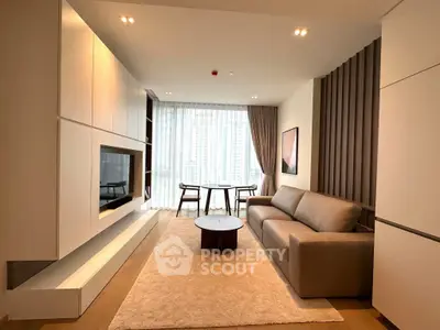 Modern living room with sleek design, featuring a cozy sofa, stylish coffee table, and large windows with city view.