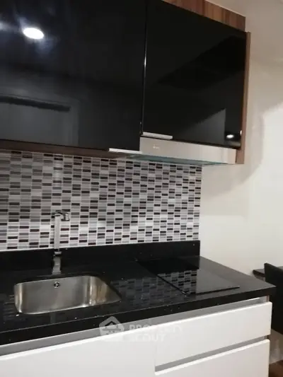 Modern kitchen with sleek black cabinets and stylish backsplash