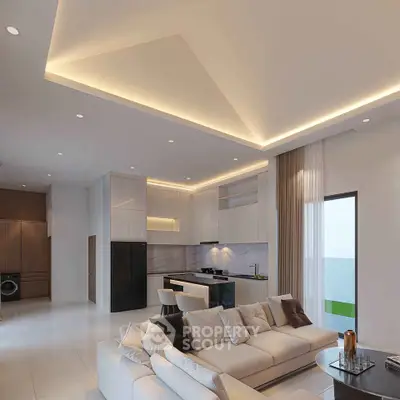 Luxurious modern living room with open kitchen and elegant lighting