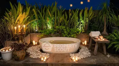 Luxurious outdoor bathtub surrounded by lush greenery and ambient lighting, perfect for relaxation.