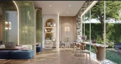 Luxurious modern interior with elegant decor and large windows overlooking a lush garden, perfect for relaxation.