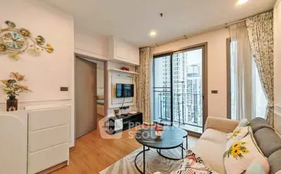 Chic modern living room with balcony and city view, featuring stylish decor and cozy seating area.