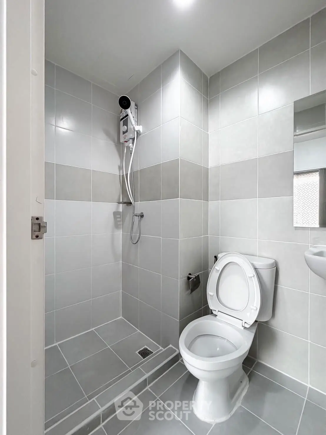 Modern bathroom with sleek design and white fixtures