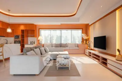 Luxurious modern living room with elegant decor and open kitchen layout, featuring a spacious sectional sofa and large windows.