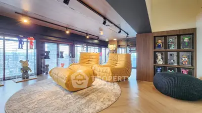 Luxurious living room with modern decor and city view, featuring unique designer furniture.