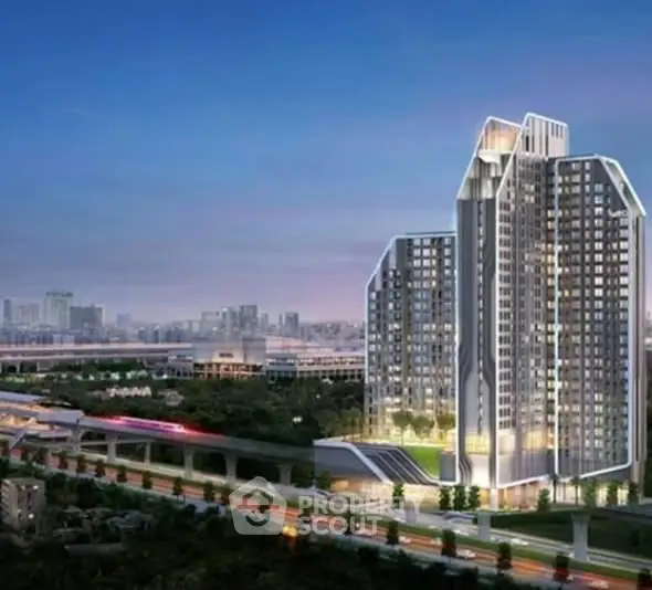 Stunning modern high-rise building with cityscape view at dusk.