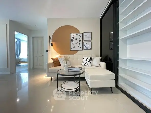 Modern living room with stylish decor and cozy seating area