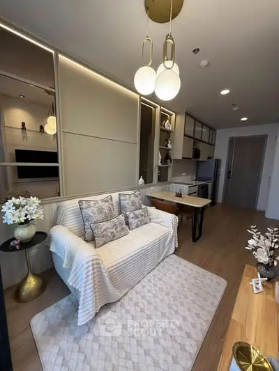 Modern living room with elegant decor and cozy seating area