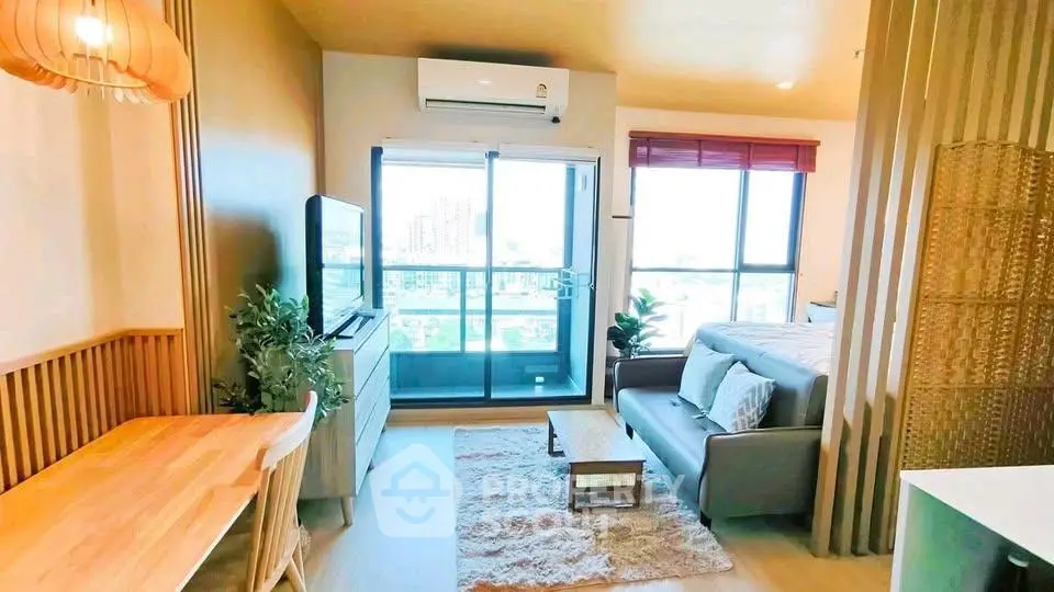 Modern living room with balcony view in stylish apartment