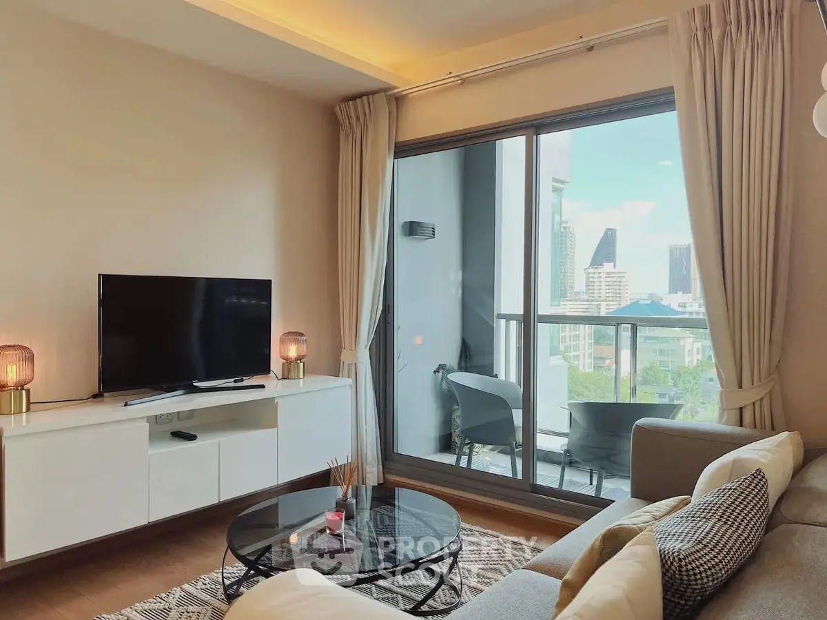 Modern living room with balcony view in urban apartment