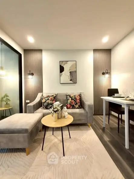 Modern living room with stylish decor and cozy seating area