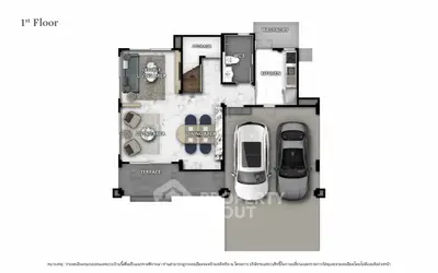 Modern first floor layout with spacious living area, kitchen, and terrace.