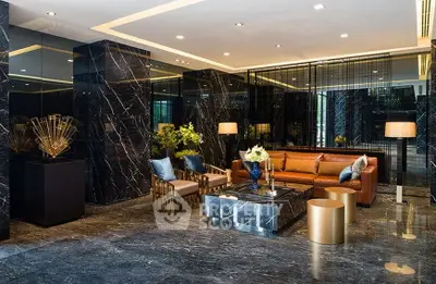 Luxurious modern living room with marble floors and elegant decor