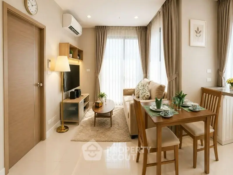 Charming living room with cozy seating, modern decor, and natural light in a stylish apartment.