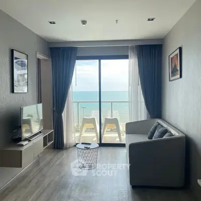 Modern living room with ocean view and stylish decor