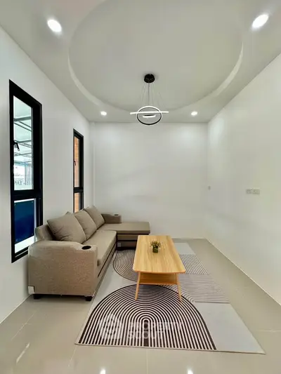 Modern living room with stylish sofa and geometric rug, featuring sleek lighting and large windows.