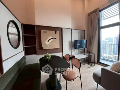 Modern living room with stylish decor and city view balcony