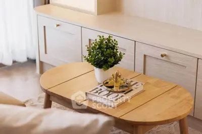 Stylish living room with modern wooden furniture and decorative plant