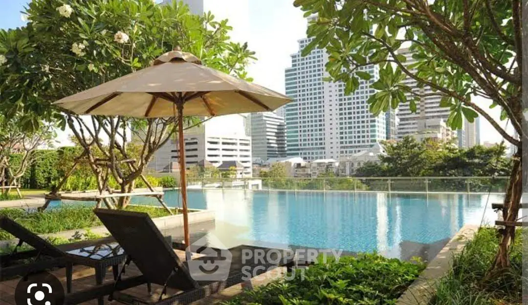 Luxurious rooftop pool with city skyline view and lush greenery