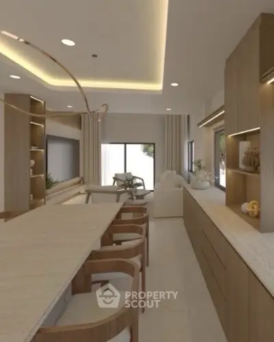 Modern open-plan living room with elegant wooden furnishings and ambient lighting.