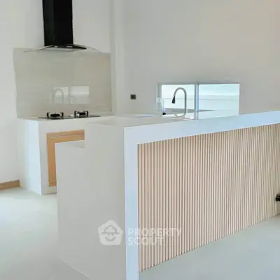 Modern kitchen with sleek design and gas stove, featuring a stylish open layout and contemporary finishes.