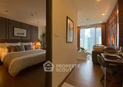Luxurious bedroom with modern decor and city view in upscale apartment