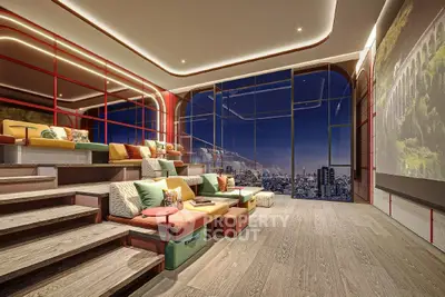 Luxurious home theater with panoramic city view and stylish seating