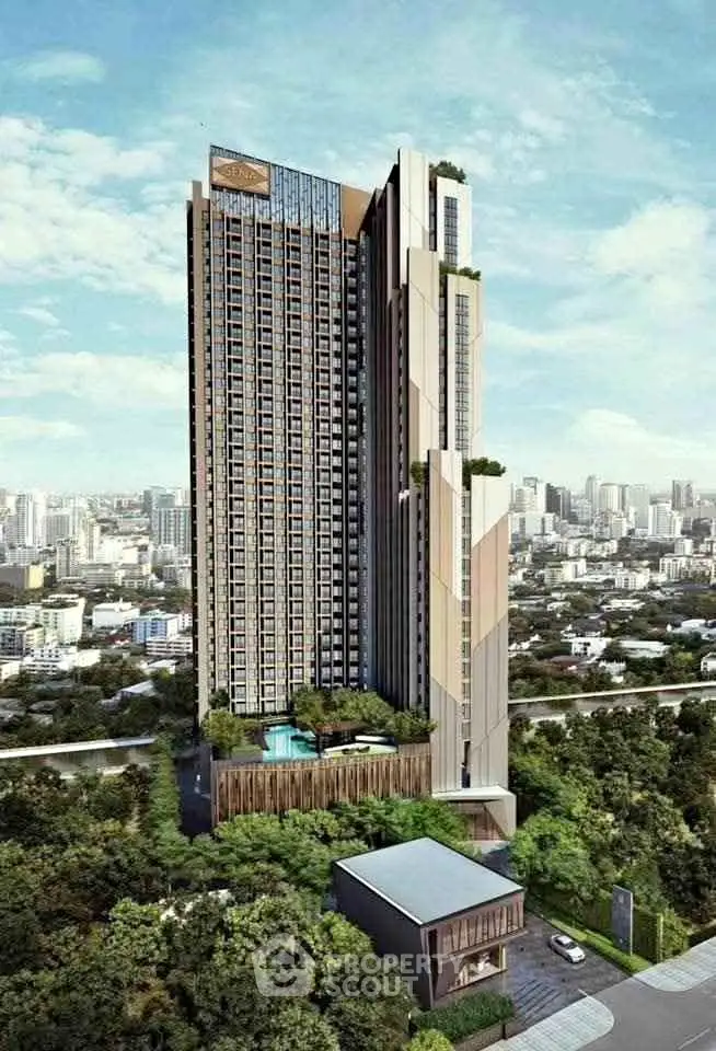 Stunning high-rise building with lush greenery and cityscape view